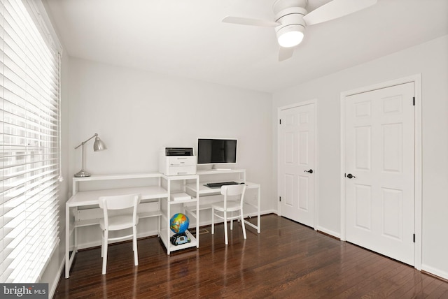 office with dark hardwood / wood-style floors, a wealth of natural light, and ceiling fan