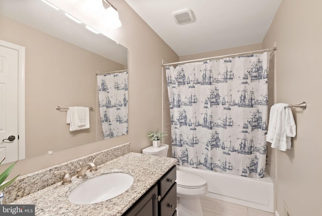 full bathroom with vanity, toilet, and shower / bath combo with shower curtain