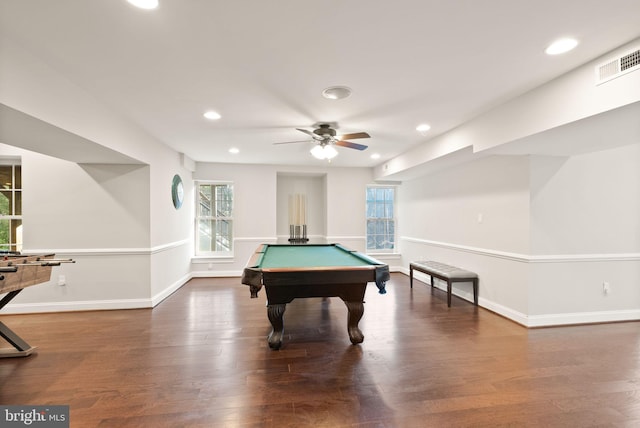 game room featuring ceiling fan, pool table, dark hardwood / wood-style floors, and a healthy amount of sunlight