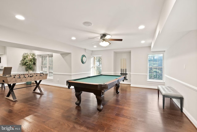 rec room with dark wood-type flooring, pool table, and ceiling fan