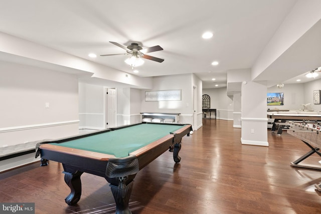 recreation room with ceiling fan, dark hardwood / wood-style floors, and pool table