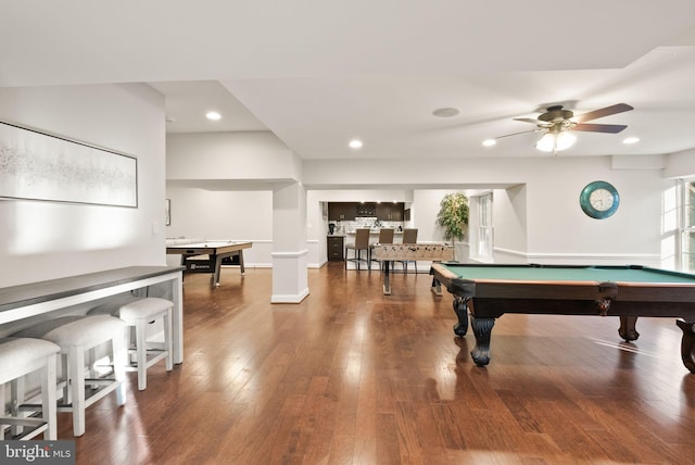 recreation room with hardwood / wood-style flooring, ceiling fan, and billiards