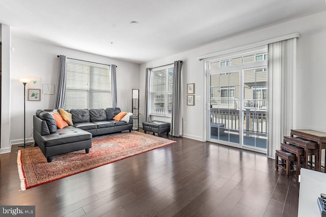 living room featuring dark wood-type flooring