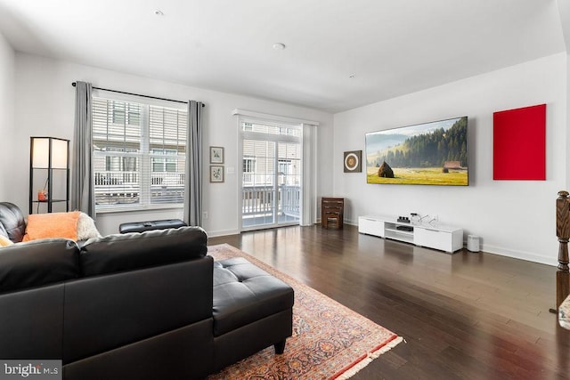 living room with dark hardwood / wood-style flooring