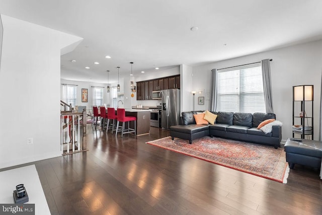 living room with dark wood-type flooring and sink