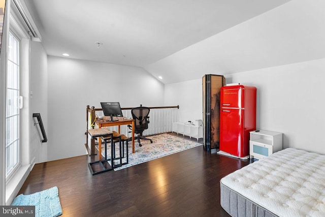 bedroom with lofted ceiling, dark hardwood / wood-style floors, and multiple windows