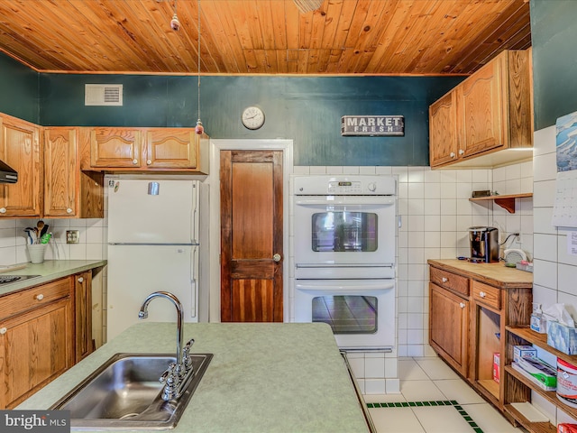 kitchen with sink, light tile patterned floors, wooden ceiling, white appliances, and decorative backsplash