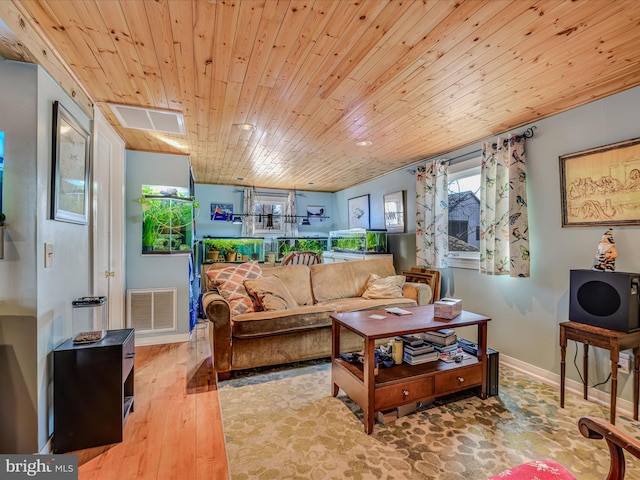 living room featuring wood ceiling and wood-type flooring