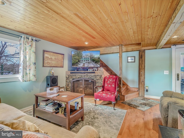 living room with wood ceiling, wood-type flooring, and a fireplace