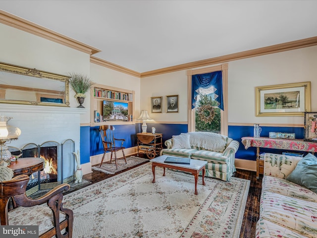 living room featuring crown molding and wood-type flooring