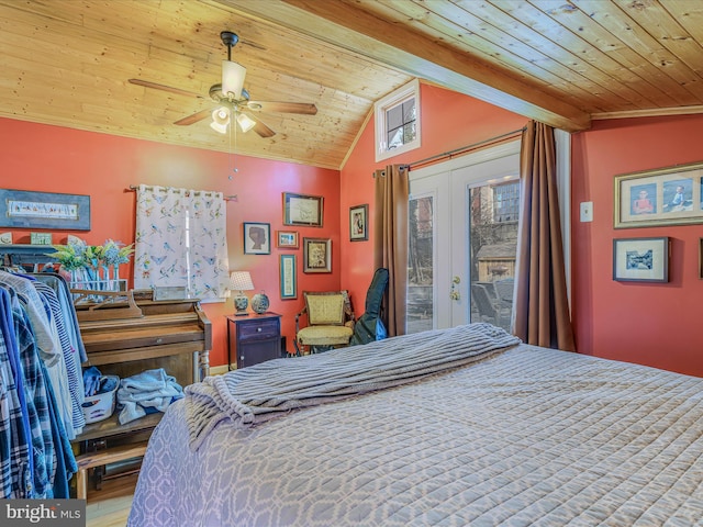 bedroom featuring wood-type flooring, lofted ceiling with beams, access to outside, wooden ceiling, and french doors