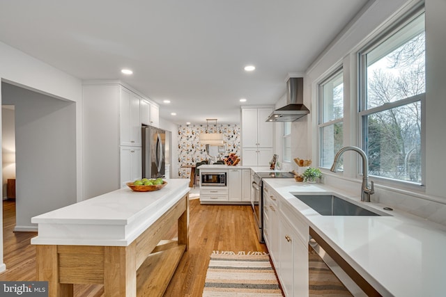 kitchen with wall chimney exhaust hood, sink, light wood-type flooring, stainless steel appliances, and white cabinets