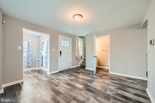 foyer entrance with dark wood-type flooring and a healthy amount of sunlight