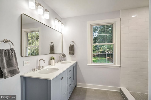 bathroom with vanity and tile patterned floors