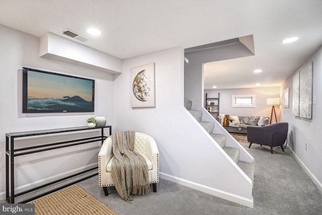 sitting room with carpet floors