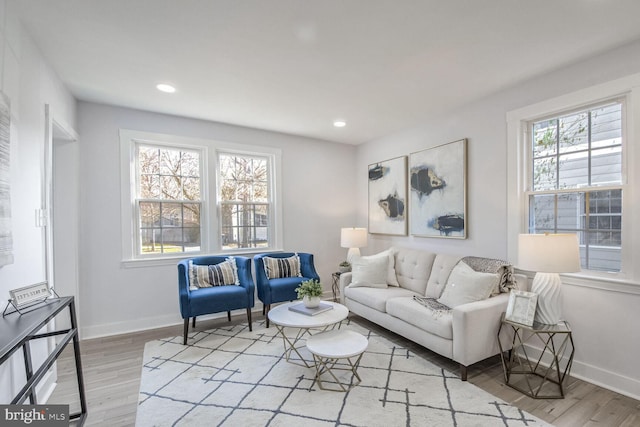 living room featuring a healthy amount of sunlight and light hardwood / wood-style floors