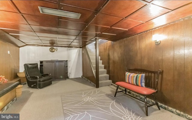 basement featuring wooden walls and carpet flooring