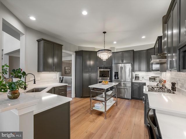 kitchen featuring a sink, stainless steel appliances, light countertops, light wood-type flooring, and backsplash