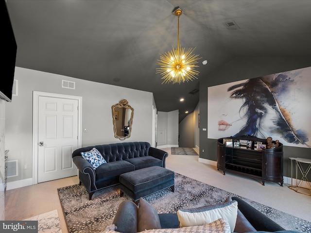 living room featuring visible vents, a chandelier, and vaulted ceiling