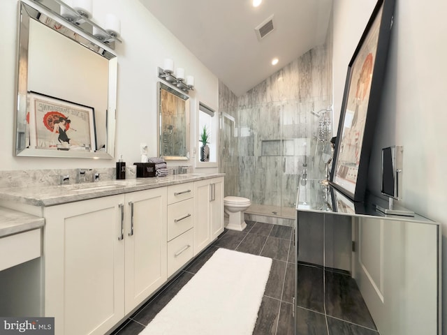 bathroom featuring an enclosed shower, vaulted ceiling, vanity, and toilet