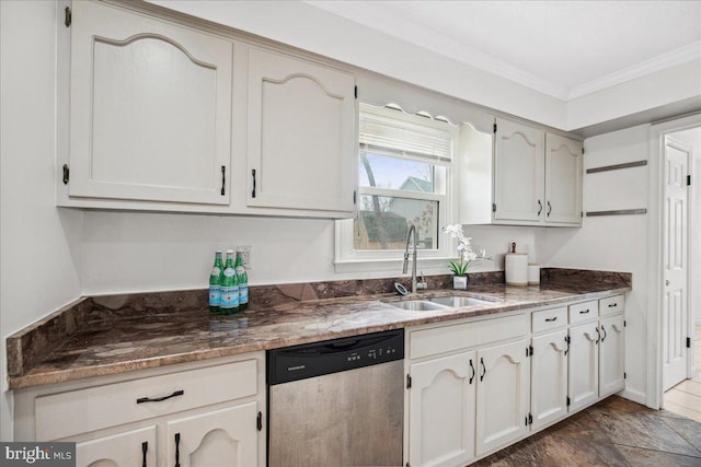 kitchen with white cabinetry, dishwasher, sink, dark stone countertops, and crown molding