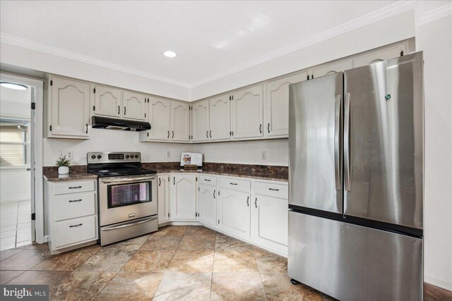 kitchen with crown molding and stainless steel appliances