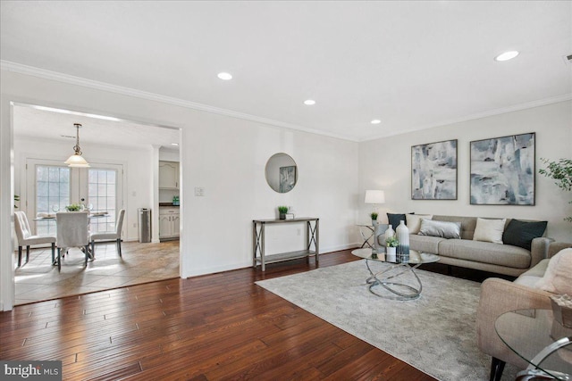 living room with ornamental molding and dark hardwood / wood-style flooring