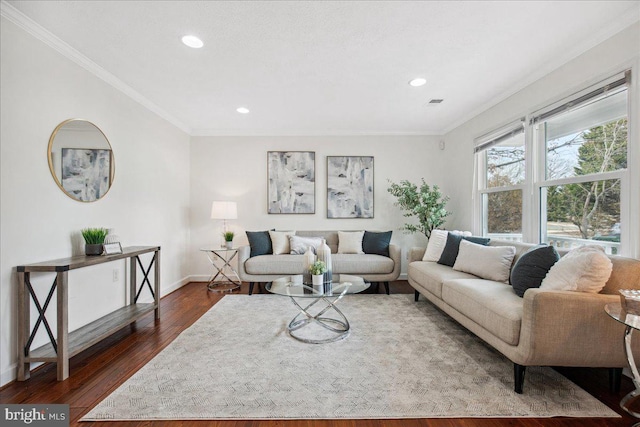 living room with crown molding and dark hardwood / wood-style flooring