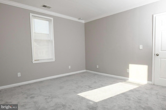 carpeted spare room featuring crown molding