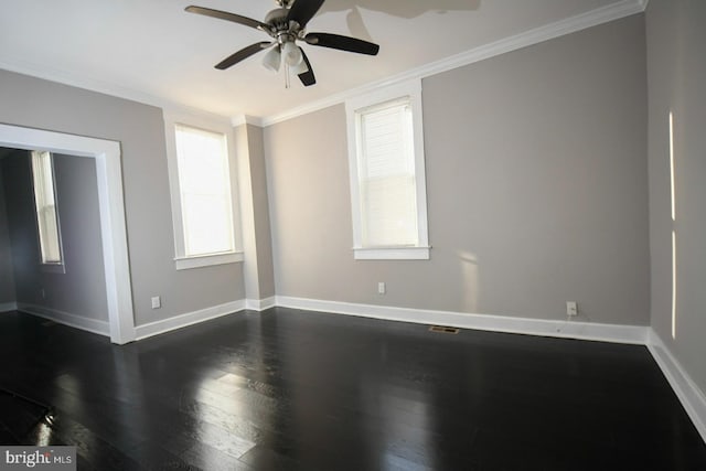 unfurnished room featuring ornamental molding, dark hardwood / wood-style floors, and ceiling fan