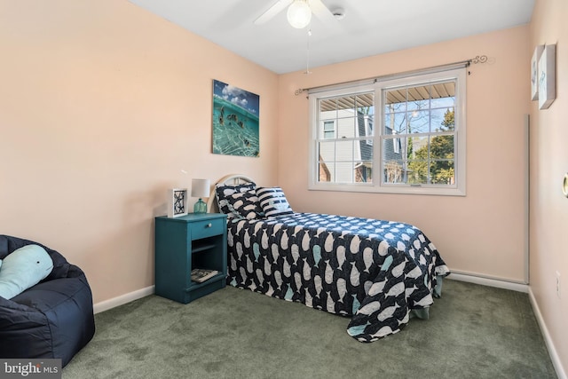 bedroom with ceiling fan and dark carpet