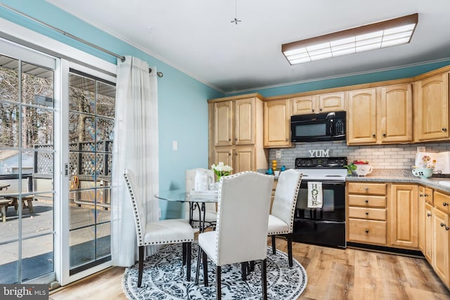 kitchen featuring range with electric cooktop, light brown cabinetry, backsplash, and light wood-type flooring