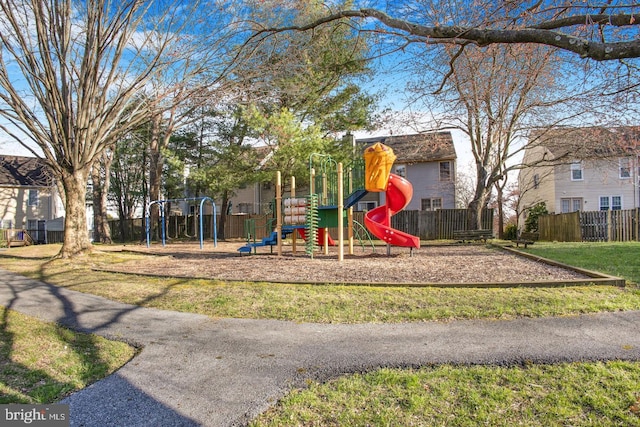 view of jungle gym with a yard