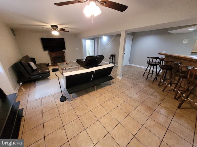 tiled living room with bar area