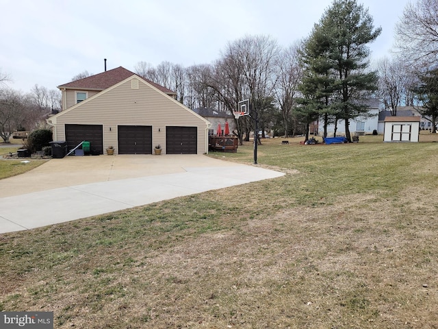 exterior space featuring a garage and a storage unit