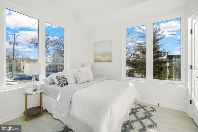 bedroom featuring multiple windows and light wood-type flooring