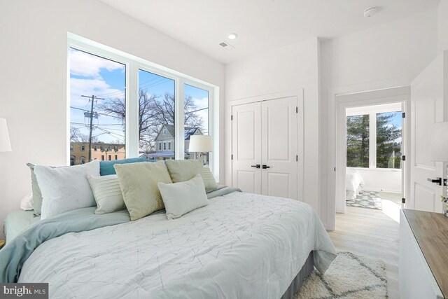 bedroom with multiple windows, light hardwood / wood-style flooring, and a closet