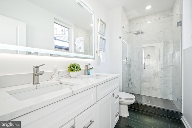 bathroom with vanity, an enclosed shower, and toilet