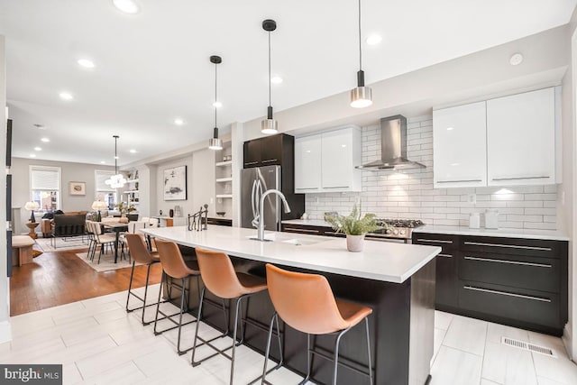 kitchen featuring appliances with stainless steel finishes, pendant lighting, white cabinetry, a center island with sink, and wall chimney exhaust hood