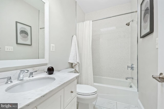 full bathroom with vanity, shower / bath combo, and toilet