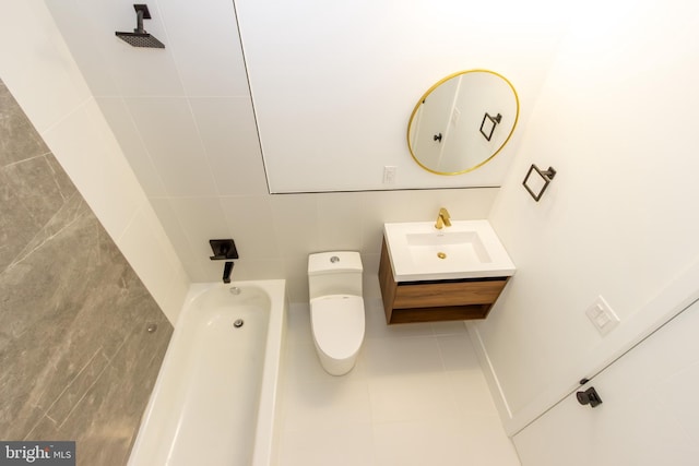 full bath featuring a tub to relax in, a shower, tile walls, toilet, and tile patterned floors