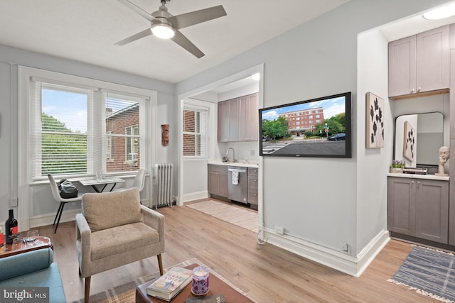 living room with ceiling fan, sink, radiator, and light hardwood / wood-style floors