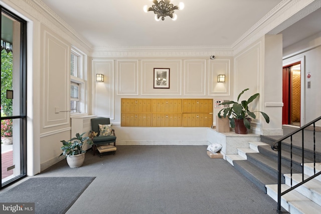 interior space featuring crown molding and light colored carpet