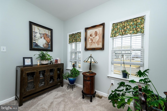 interior space with a wealth of natural light and light colored carpet