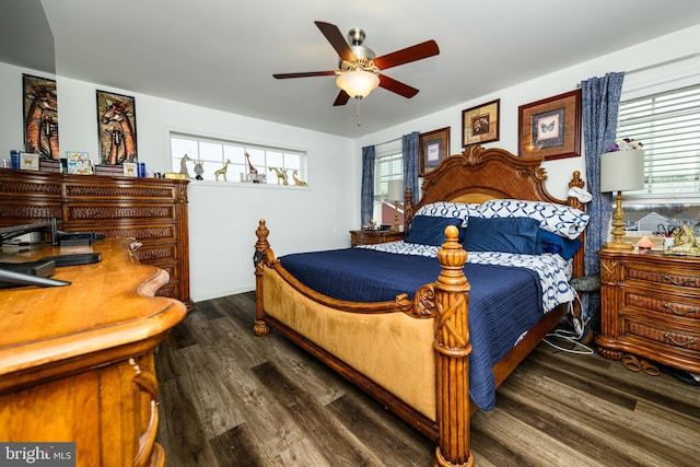 bedroom with multiple windows, ceiling fan, and dark hardwood / wood-style flooring