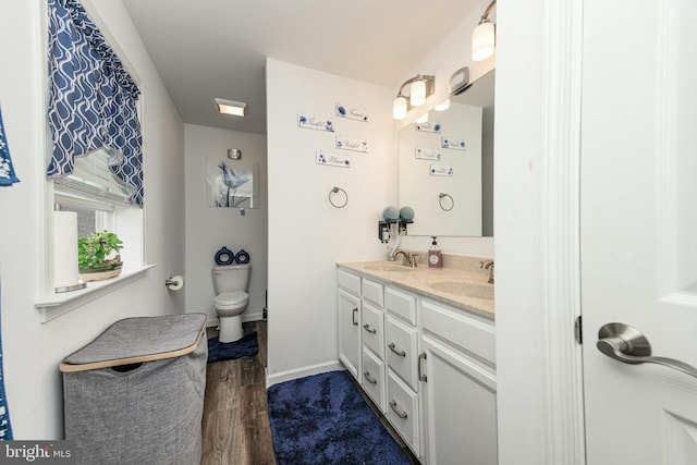 bathroom featuring vanity, toilet, and wood-type flooring