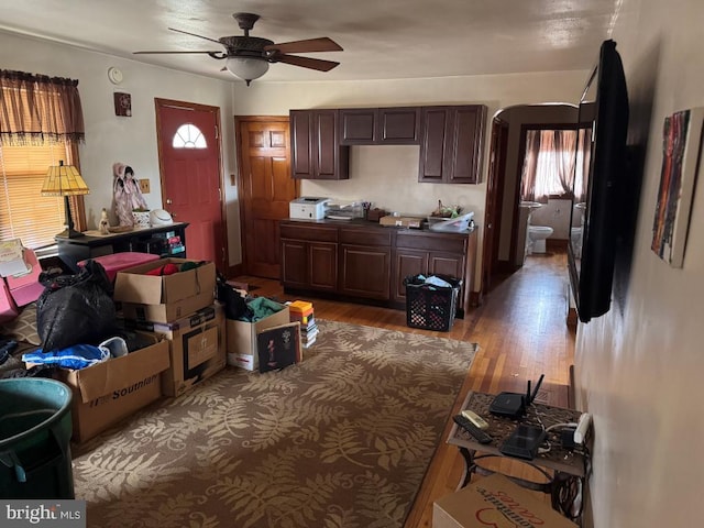 kitchen with ceiling fan, dark brown cabinets, and light hardwood / wood-style flooring