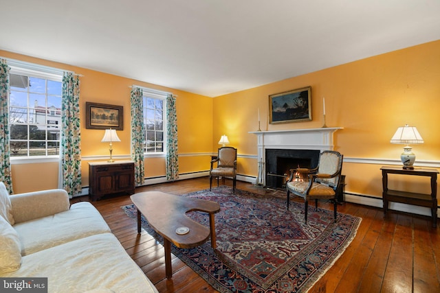 living room featuring hardwood / wood-style floors, a wealth of natural light, and a baseboard radiator