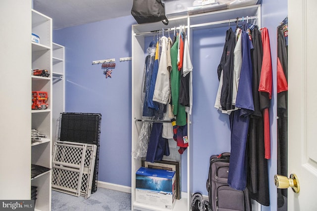 walk in closet with light colored carpet