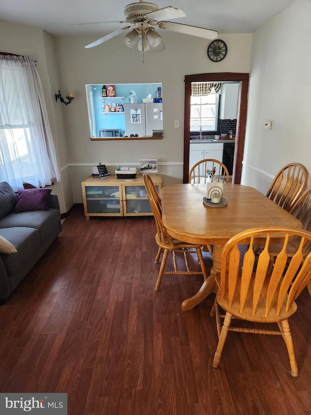 dining area with dark wood-type flooring, sink, and ceiling fan